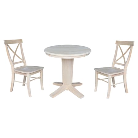 International Concepts 30 in. Solid Wood Round Top Pedestal Dining Table with 2 Chairs, Unfinished K-30RT-23B-C613-2